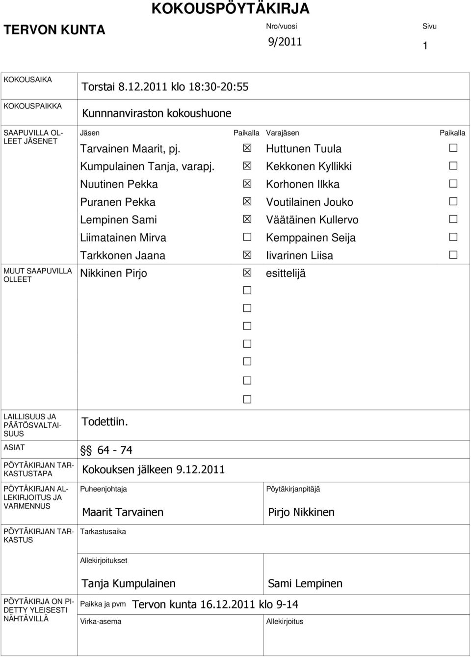 Kekkonen Kyllikki Nuutinen Pekka Korhonen Ilkka Puranen Pekka Voutilainen Jouko Lempinen Sami Väätäinen Kullervo Liimatainen Mirva Kemppainen Seija Tarkkonen Jaana Iivarinen Liisa Nikkinen Pirjo