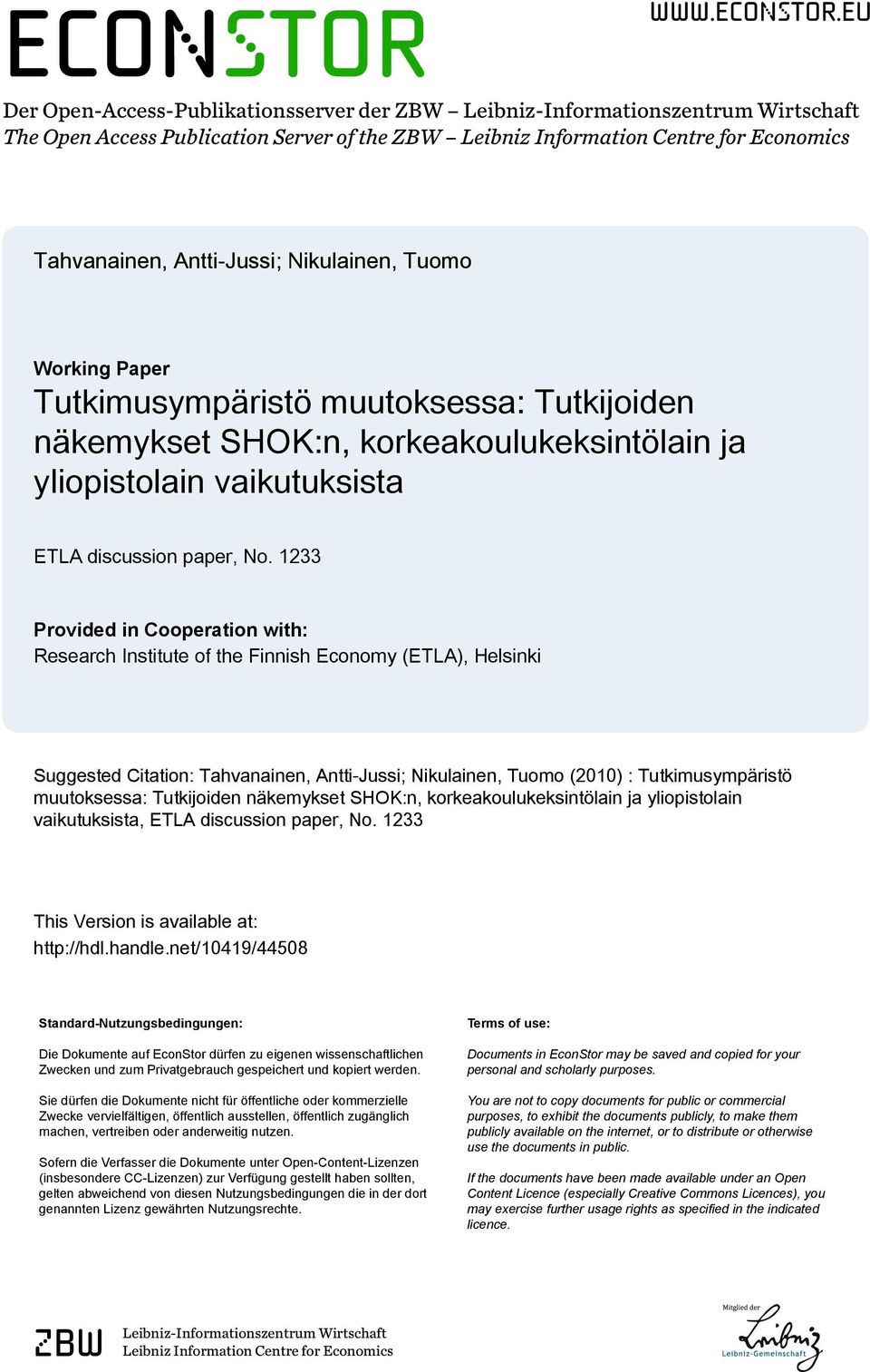 eu Der Open-Access-Publikationsserver der ZBW Leibniz-Informationszentrum Wirtschaft The Open Access Publication Server of the ZBW Leibniz Information Centre for Economics Tahvanainen, Antti-Jussi;