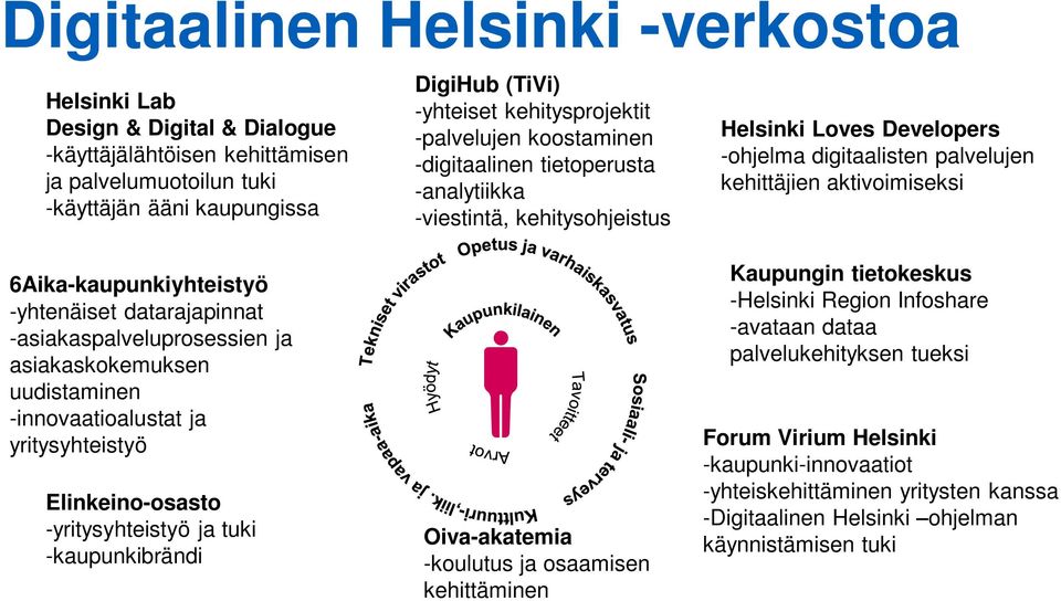 kehitysprojektit -palvelujen koostaminen -digitaalinen tietoperusta -analytiikka -viestintä, kehitysohjeistus Oiva-akatemia -koulutus ja osaamisen kehittäminen Helsinki Loves Developers -ohjelma