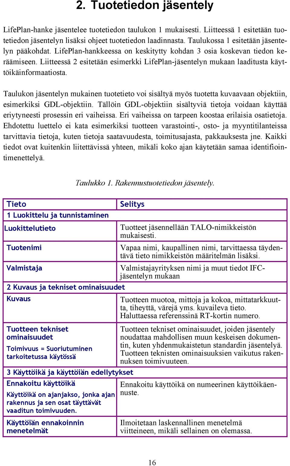 Liitteessä 2 esitetään esimerkki LifePlan-jäsentelyn mukaan laaditusta käyttöikäinformaatiosta.