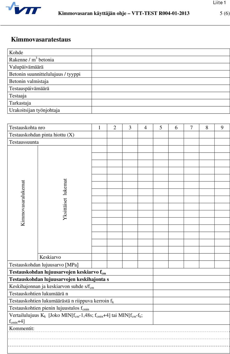 Keskiarvo Testauskohdan lujuusarvo MPa Testauskohdan lujuusarvojen keskiarvo f cm Testauskohdan lujuusarvojen keskihajonta s Keskihajonnan ja keskiarvon suhde s/f cm Testauskohtien