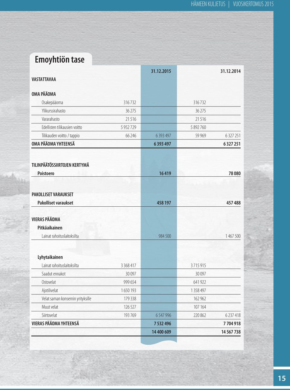 2014 OMA PÄÄOMA Osakepääoma 316 732 316 732 Ylikurssirahasto 36 275 36 275 Vararahasto 21 516 21 516 Edellisten tilikausien voitto 5 952 729 5 892 760 Tilikauden voitto / tappio 66 246 6 393 497 59