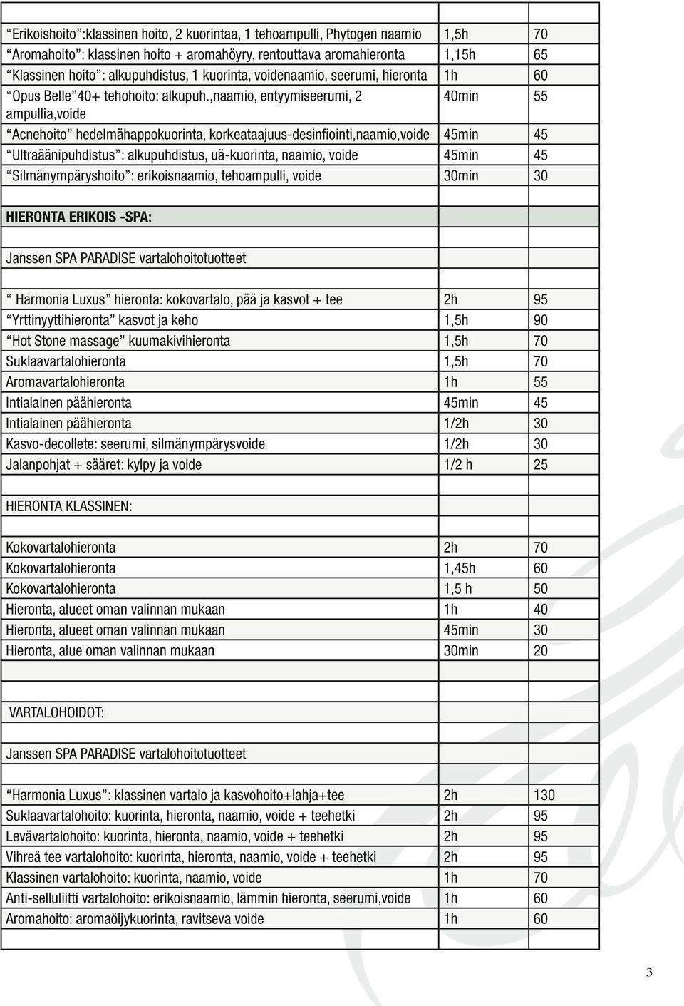 ,naamio, entyymiseerumi, 2 40min 55 ampullia,voide Acnehoito hedelmähappokuorinta, korkeataajuus-desinfiointi,naamio,voide 45min 45 Ultraäänipuhdistus : alkupuhdistus, uä-kuorinta, naamio, voide