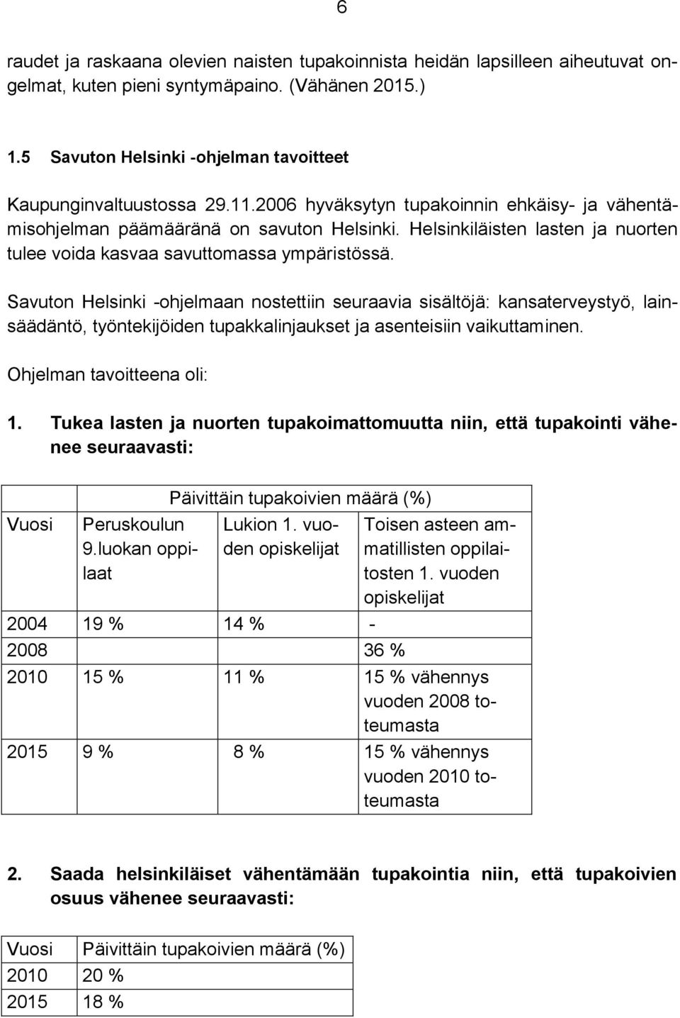 Savuton Helsinki -ohjelmaan nostettiin seuraavia sisältöjä: kansaterveystyö, lainsäädäntö, työntekijöiden tupakkalinjaukset ja asenteisiin vaikuttaminen. Ohjelman tavoitteena oli: 1.