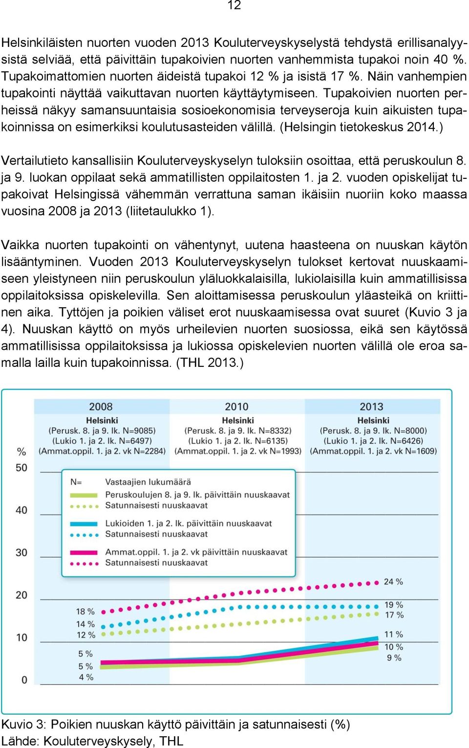 Tupakoivien nuorten perheissä näkyy samansuuntaisia sosioekonomisia terveyseroja kuin aikuisten tupakoinnissa on esimerkiksi koulutusasteiden välillä. (Helsingin tietokeskus 2014.