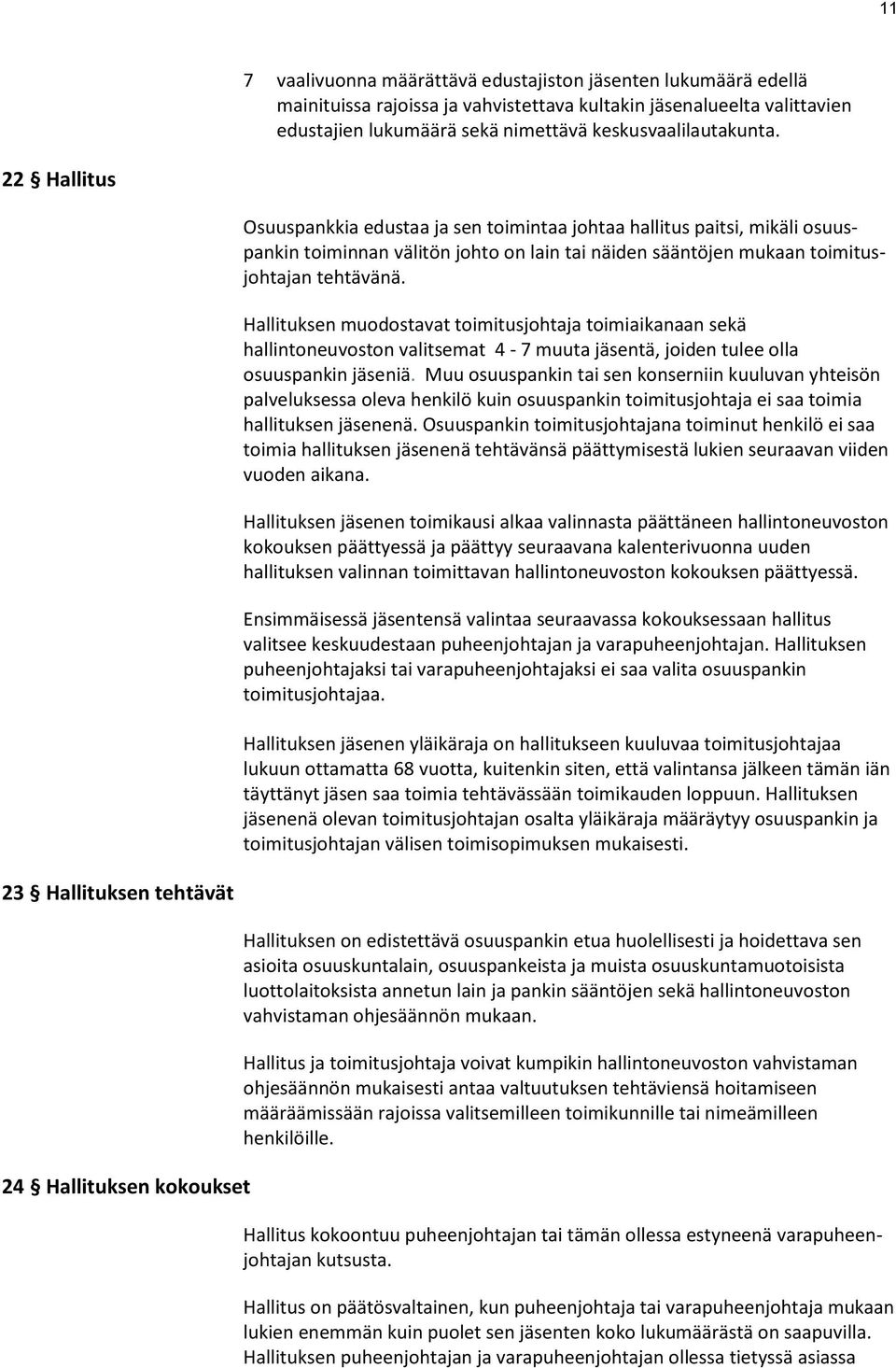 Hallituksen muodostavat toimitusjohtaja toimiaikanaan sekä hallintoneuvoston valitsemat 4-7 muuta jäsentä, joiden tulee olla osuuspankin jäseniä.