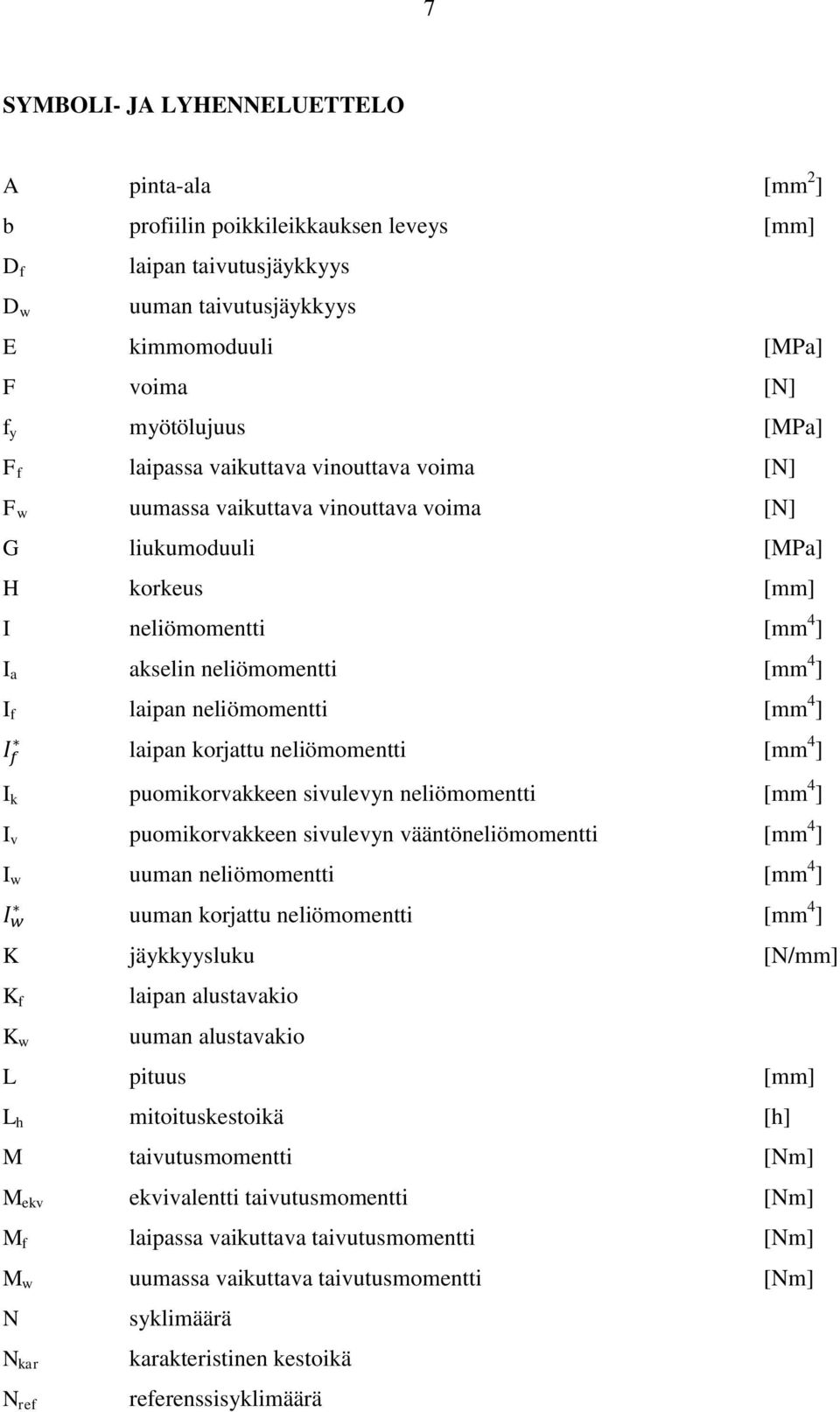 neliömomentti [mm 4 ] laipan korjattu neliömomentti [mm 4 ] I k puomikorvakkeen sivulevyn neliömomentti [mm 4 ] I v puomikorvakkeen sivulevyn vääntöneliömomentti [mm 4 ] I w uuman neliömomentti [mm 4