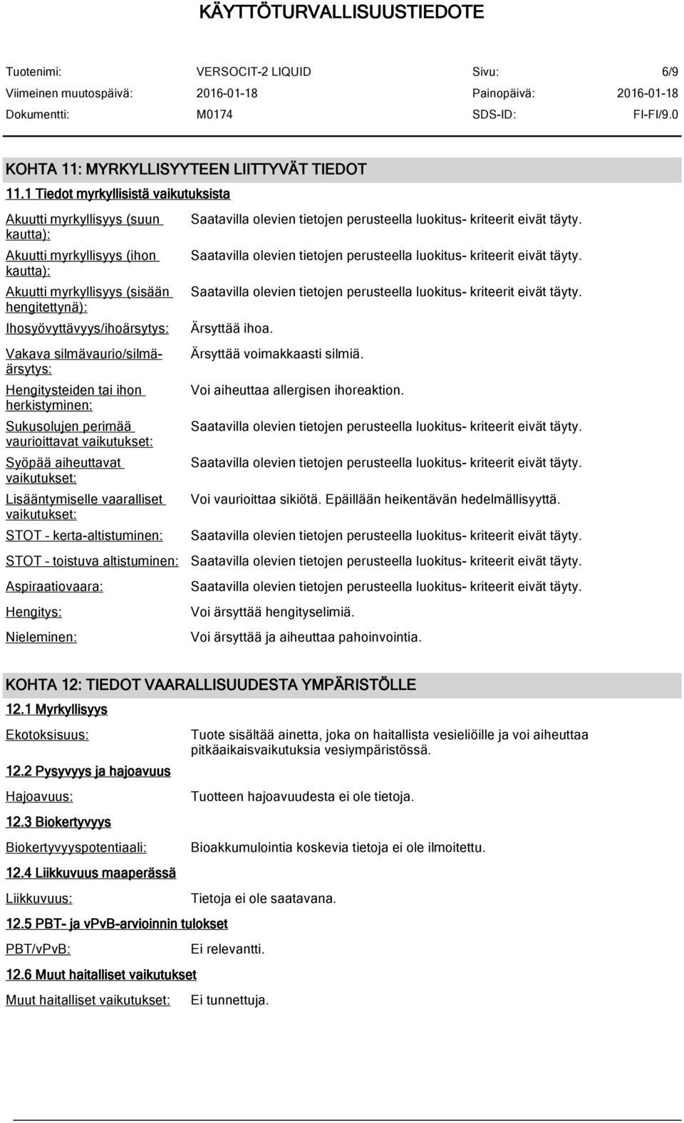 silmävaurio/silmäärsytys: Hengitysteiden tai ihon herkistyminen: Sukusolujen perimää vaurioittavat vaikutukset: Syöpää aiheuttavat vaikutukset: Lisääntymiselle vaaralliset vaikutukset: STOT