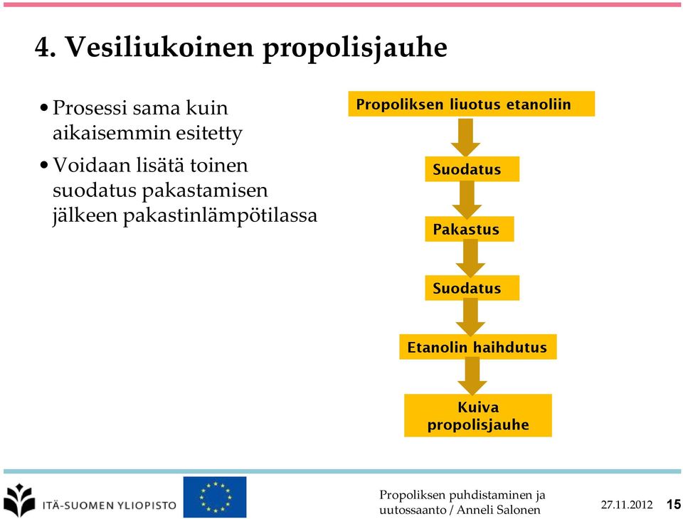 pakastinlämpötilassa Propoliksen liuotus etanoliin Suodatus