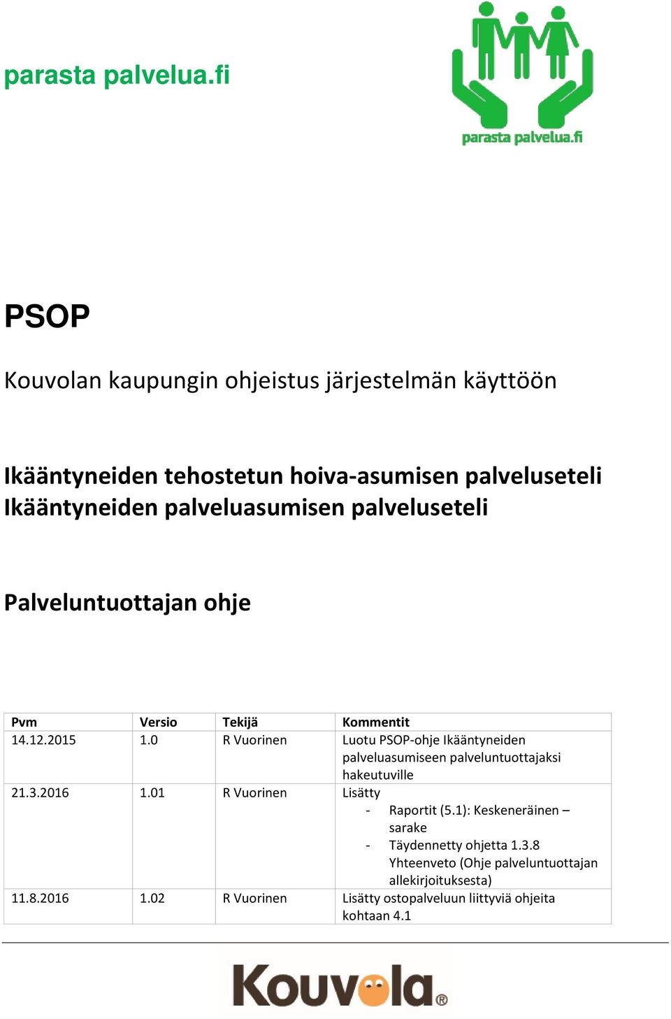 palveluasumisen palveluseteli Palveluntuottajan ohje Pvm Versio Tekijä Kommentit 14.12.2015 1.