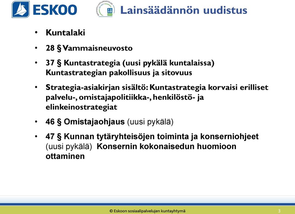 erilliset palvelu-, omistajapolitiikka-, henkilöstö- ja elinkeinostrategiat 46 Omistajaohjaus (uusi