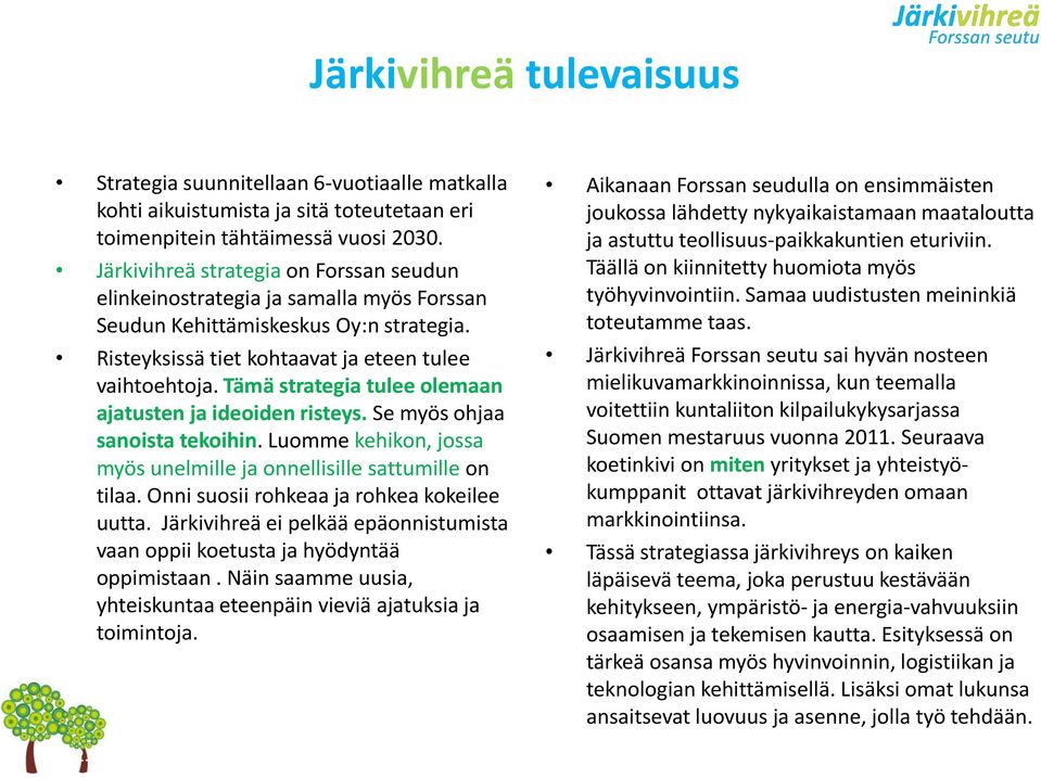 Tämä strategia tulee olemaan ajatusten ja ideoiden risteys. Se myös ohjaa sanoista tekoihin. Luomme kehikon, jossa myös unelmille ja onnellisille sattumille on tilaa.