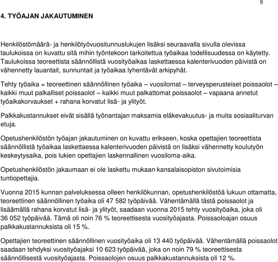 Tehty työaika = teoreettinen säännöllinen työaika vuosilomat terveysperusteiset poissaolot kaikki muut palkalliset poissaolot kaikki muut palkattomat poissaolot vapaana annetut työaikakorvaukset +