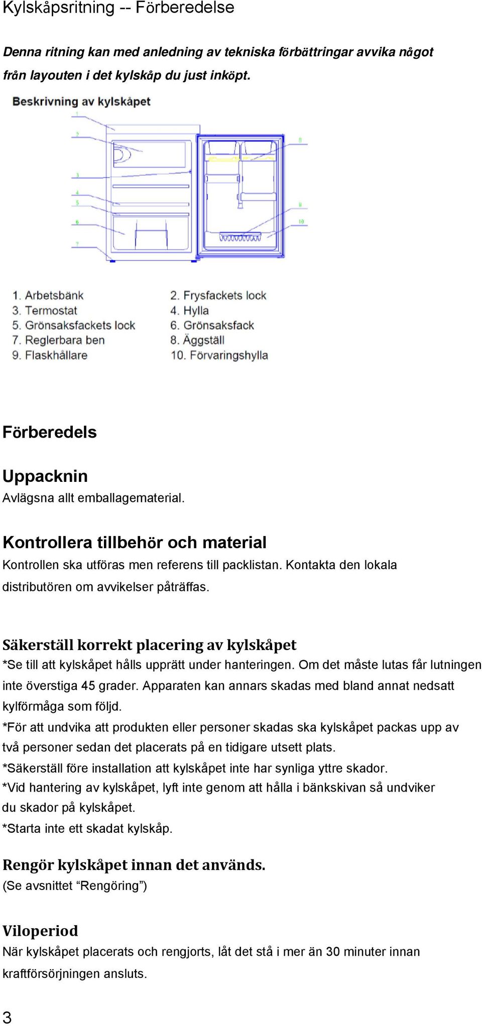 Kontakta den lokala distributören om avvikelser påträffas. Säkerställ korrekt placering av kylskåpet *Se till att kylskåpet hålls upprätt under hanteringen.