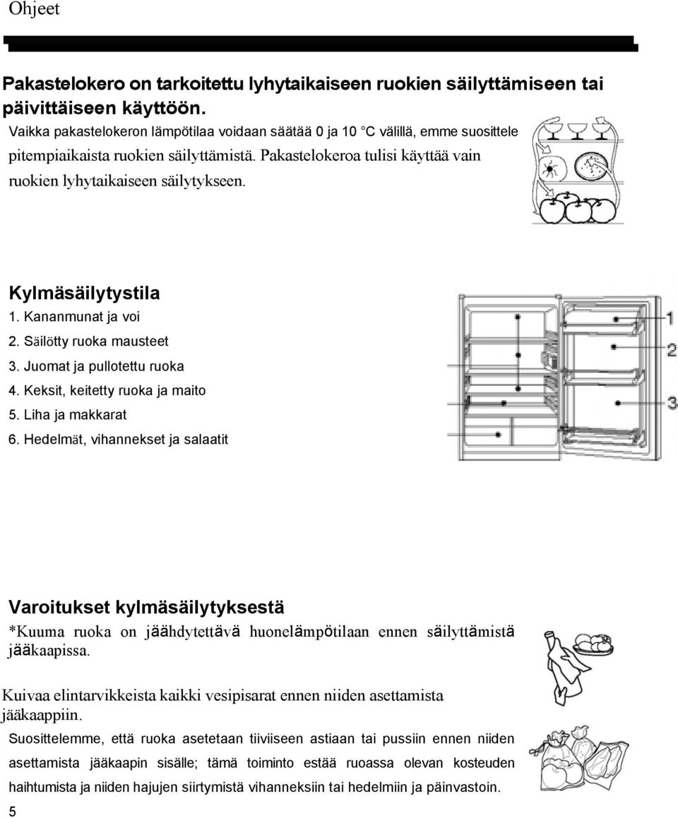 Kylmäsäilytystila 1. Kananmunat ja voi 2. Säilötty ruoka mausteet 3. Juomat ja pullotettu ruoka 4. Keksit, keitetty ruoka ja maito 5. Liha ja makkarat 6.