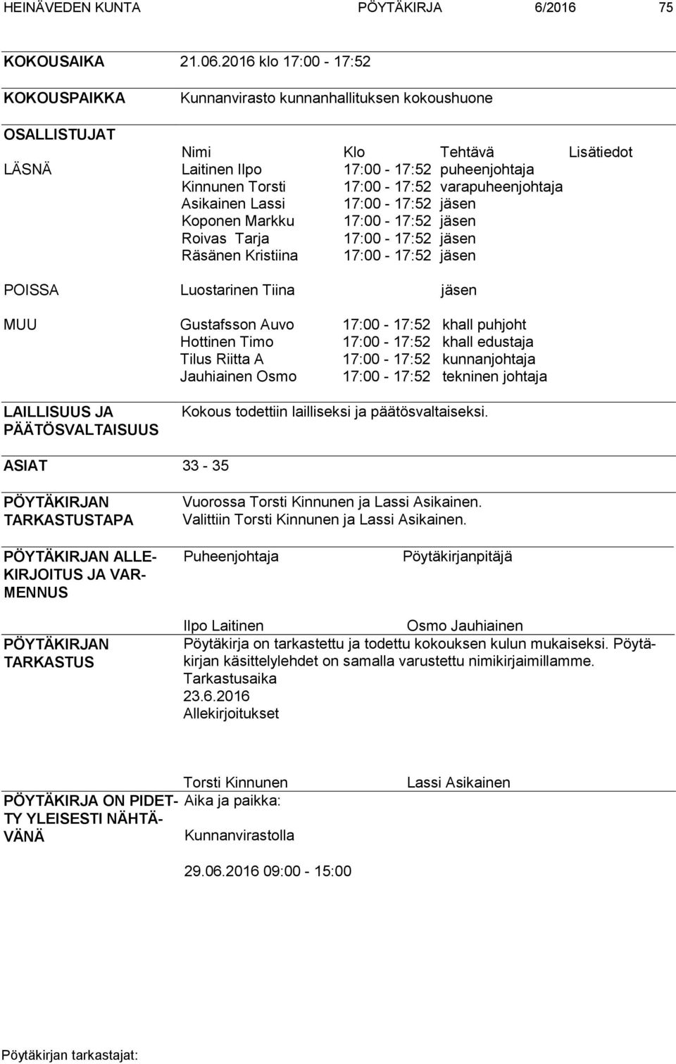 varapuheenjohtaja Asikainen Lassi 17:00-17:52 jäsen Koponen Markku 17:00-17:52 jäsen Roivas Tarja 17:00-17:52 jäsen Räsänen Kristiina 17:00-17:52 jäsen POISSA Luostarinen Tiina jäsen MUU Gustafsson