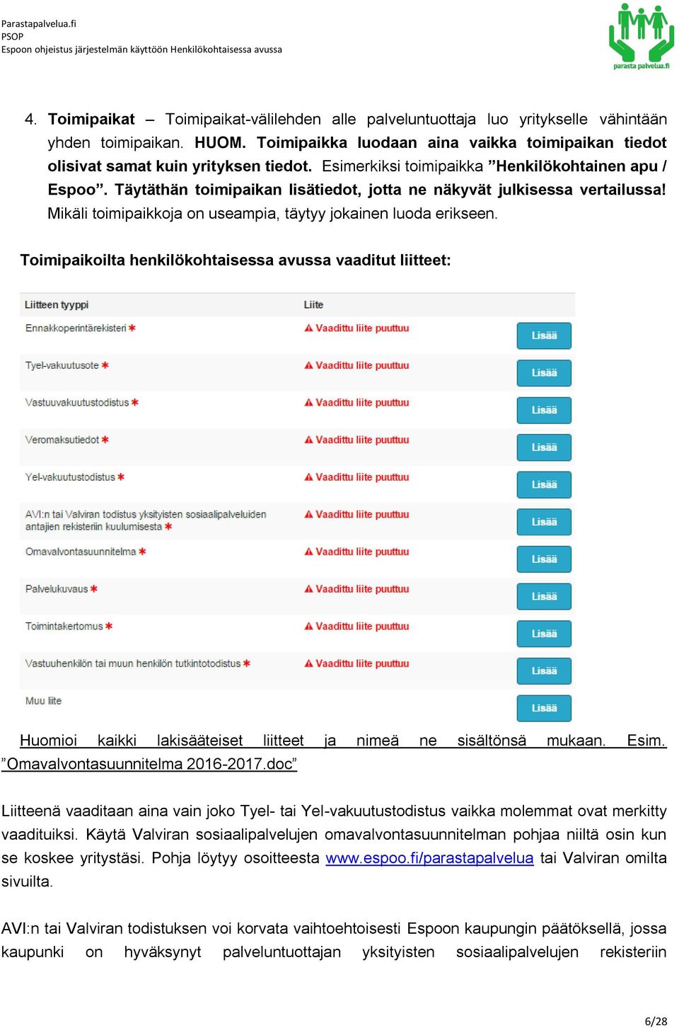 Toimipaikoilta henkilökohtaisessa avussa vaaditut liitteet: Huomioi kaikki lakisääteiset liitteet ja nimeä ne sisältönsä mukaan. Esim. Omavalvontasuunnitelma 2016-2017.