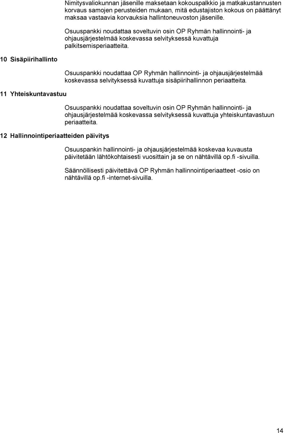 10 Sisäpiirihallinto 11 Yhteiskuntavastuu 12 Hallinnointiperiaatteiden päivitys Osuuspankki noudattaa OP Ryhmän hallinnointi- ja ohjausjärjestelmää koskevassa selvityksessä kuvattuja