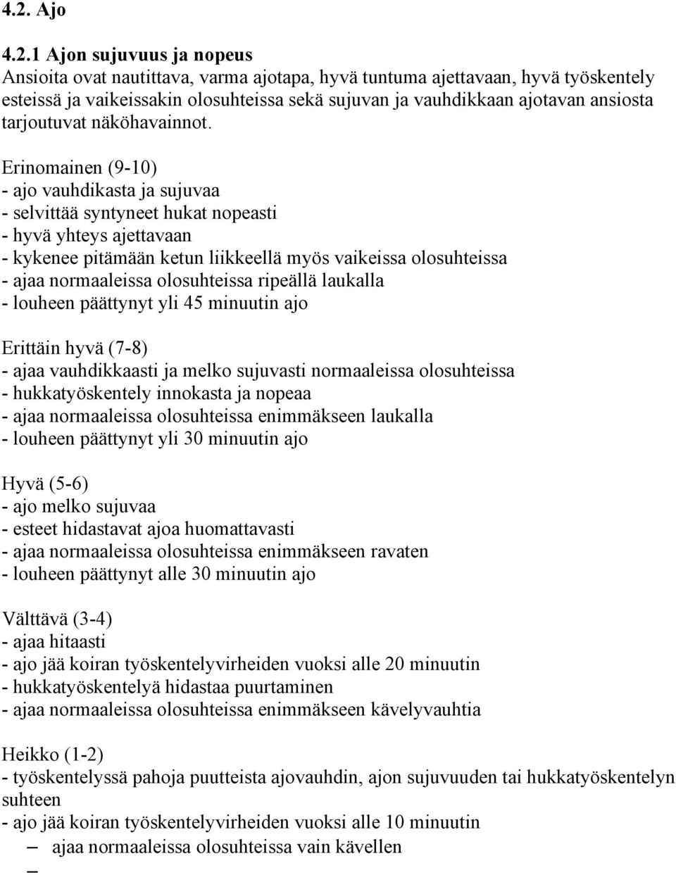 Erinomainen (9-10) - ajo vauhdikasta ja sujuvaa - selvittää syntyneet hukat nopeasti - hyvä yhteys ajettavaan - kykenee pitämään ketun liikkeellä myös vaikeissa olosuhteissa - ajaa normaaleissa