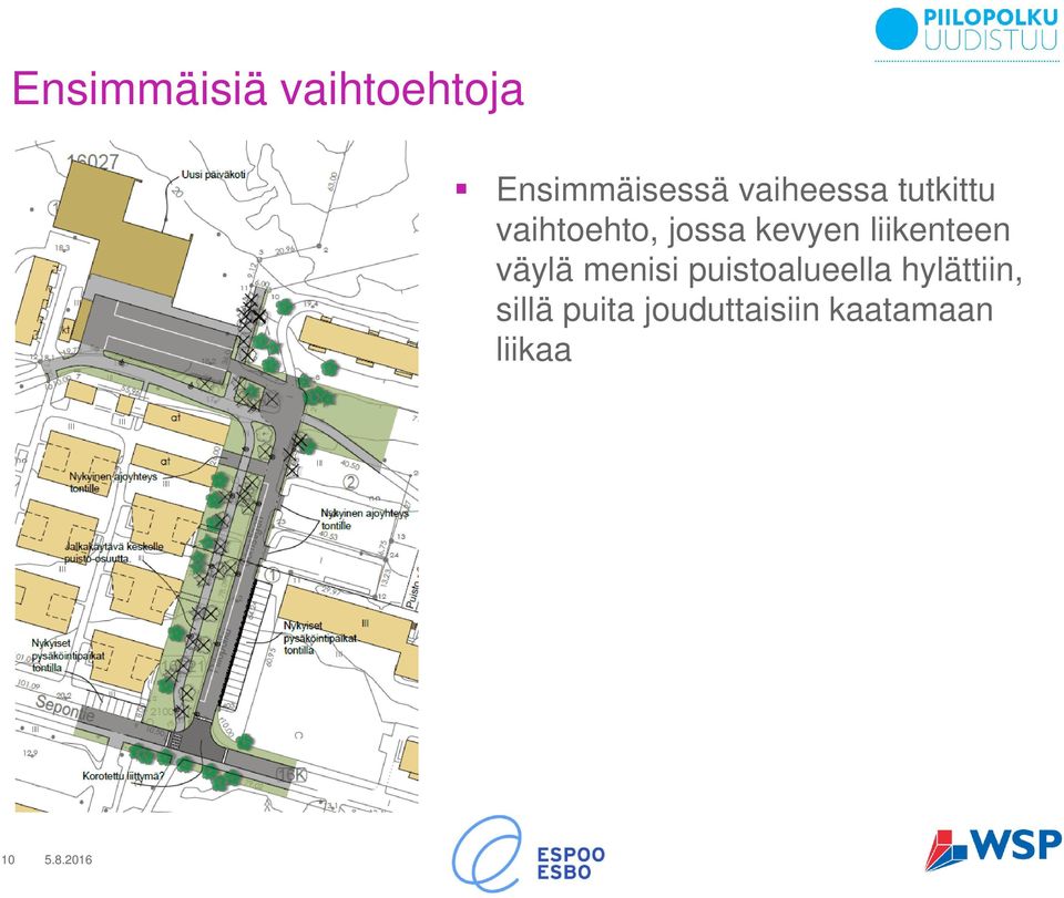 liikenteen väylä menisi puistoalueella