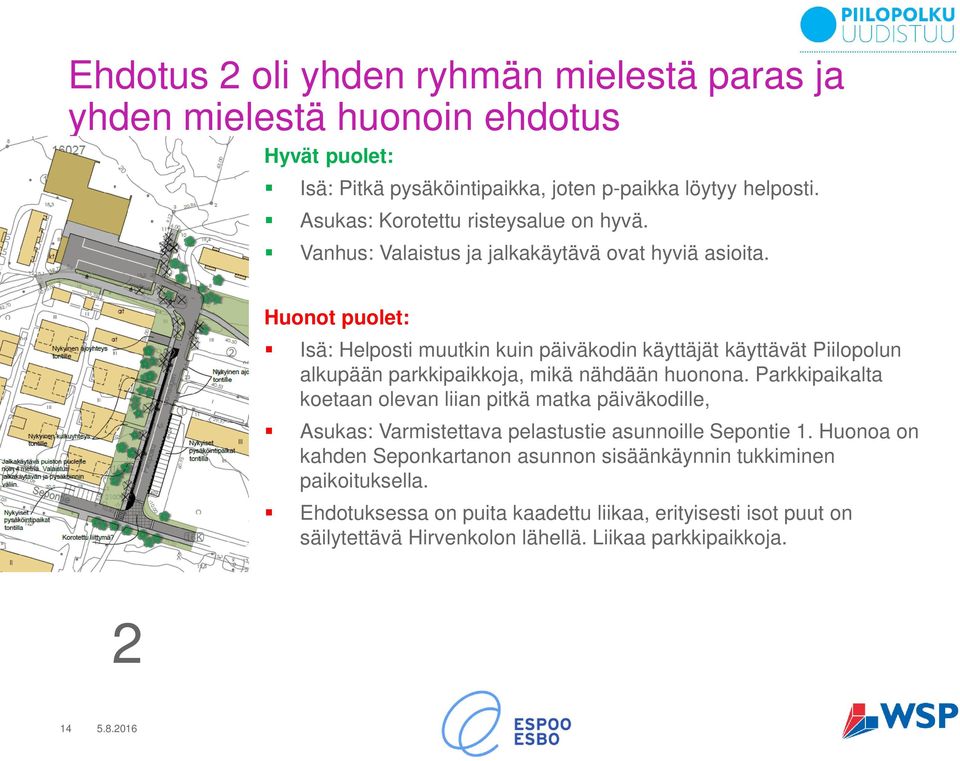 Huonot puolet: Isä: Helposti muutkin kuin päiväkodin käyttäjät käyttävät Piilopolun alkupään parkkipaikkoja, mikä nähdään huonona.