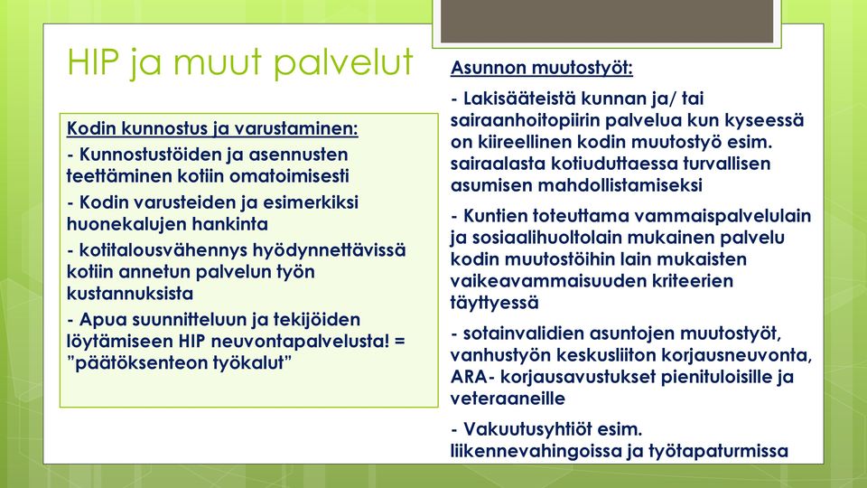 = päätöksenteon työkalut Asunnon muutostyöt: - Lakisääteistä kunnan ja/ tai sairaanhoitopiirin palvelua kun kyseessä on kiireellinen kodin muutostyö esim.