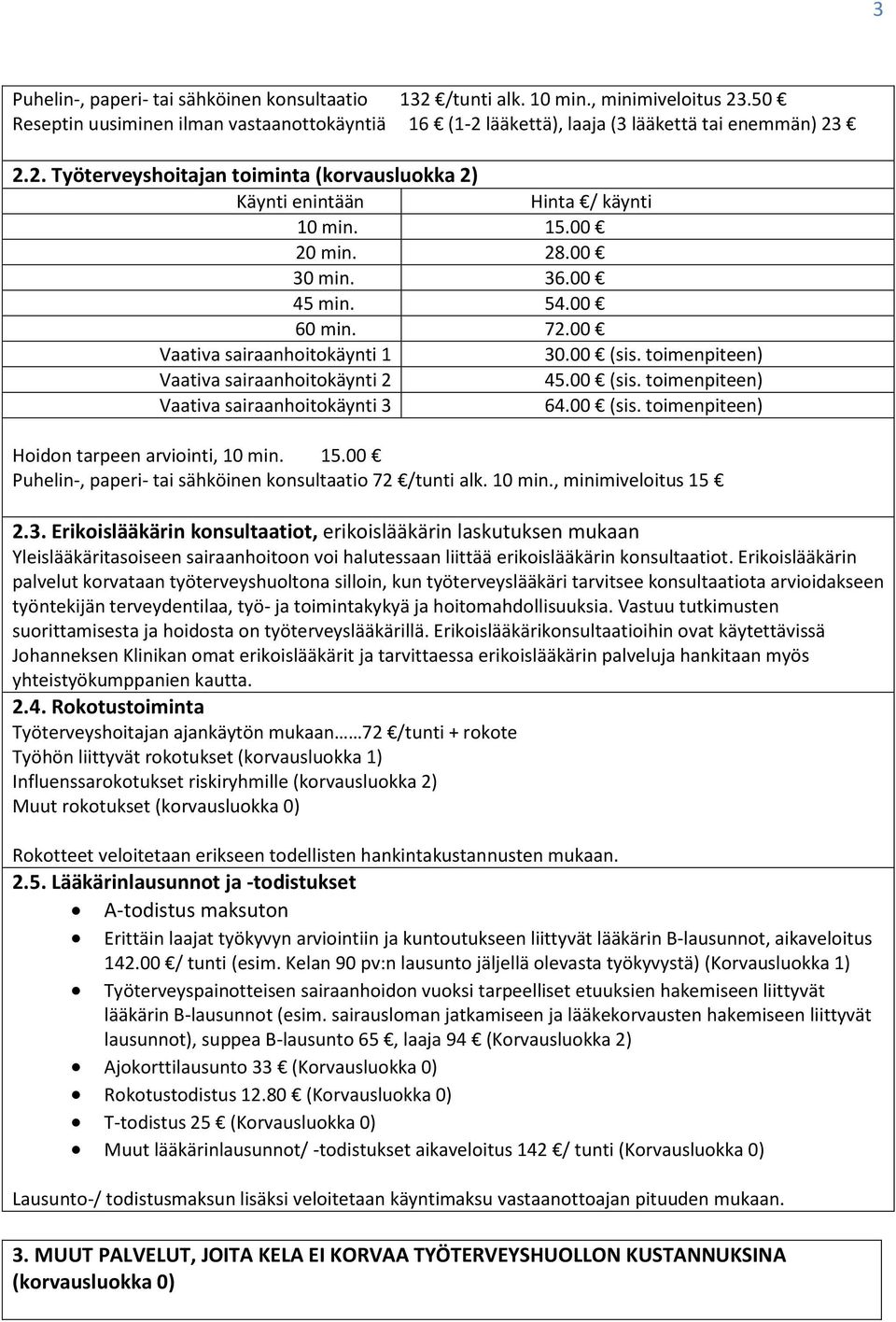 00 (sis. toimenpiteen) Hoidon tarpeen arviointi, 10 min. 15.00 Puhelin-, paperi- tai sähköinen konsultaatio 72 /tunti alk. 10 min., minimiveloitus 15 2.3.