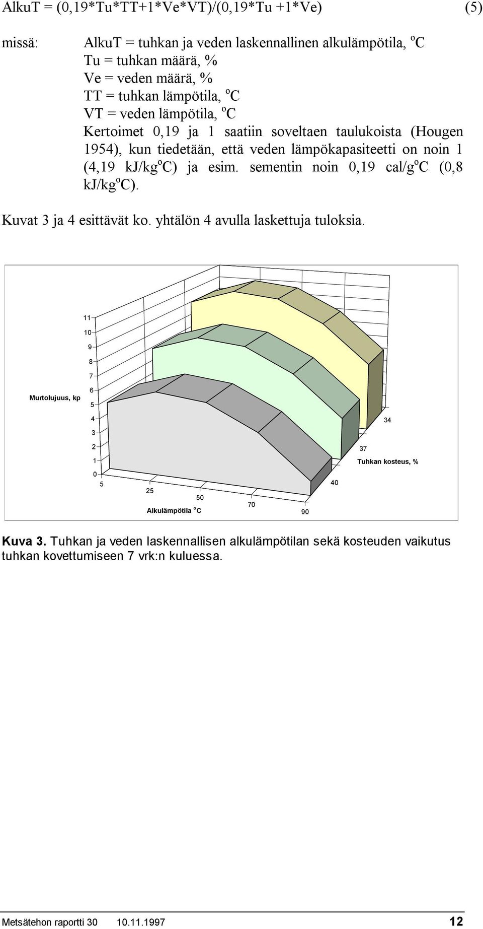 sementin noin 0,19 cal/g o C (0,8 kj/kg o C). Kuvat 3 ja 4 esittävät ko. yhtälön 4 avulla laskettuja tuloksia.