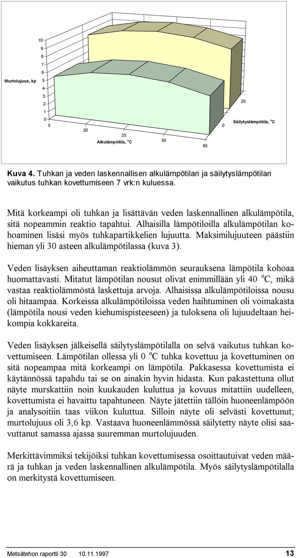 Mitä korkeampi oli tuhkan ja lisättävän veden laskennallinen alkulämpötila, sitä nopeammin reaktio tapahtui. Alhaisilla lämpötiloilla alkulämpötilan kohoaminen lisäsi myös tuhkapartikkelien lujuutta.