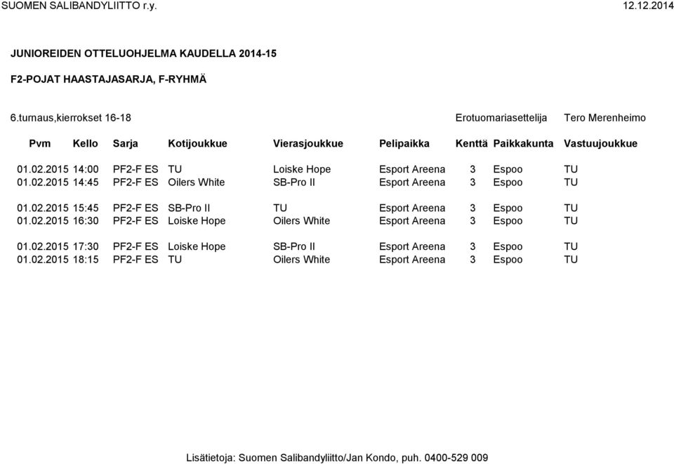 02.2015 17:30 PF2-F ES Loiske Hope SB-Pro II Esport Areena 3 Espoo TU 01.02.2015 18:15 PF2-F ES TU Oilers White Esport Areena 3 Espoo TU