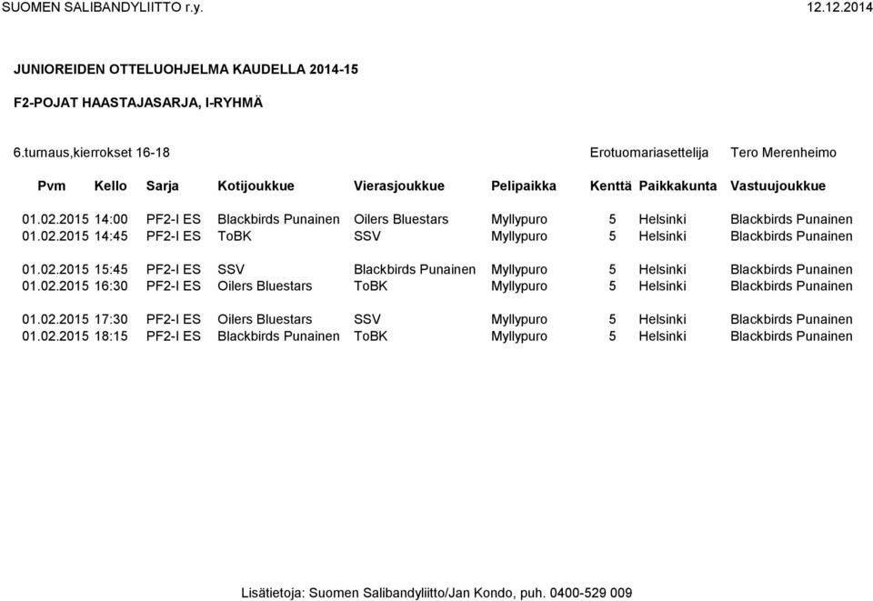 02.2015 17:30 PF2-I ES Oilers Bluestars SSV Myllypuro 5 Helsinki Blackbirds Punainen 01.02.2015 18:15 PF2-I ES Blackbirds Punainen ToBK Myllypuro 5 Helsinki Blackbirds Punainen