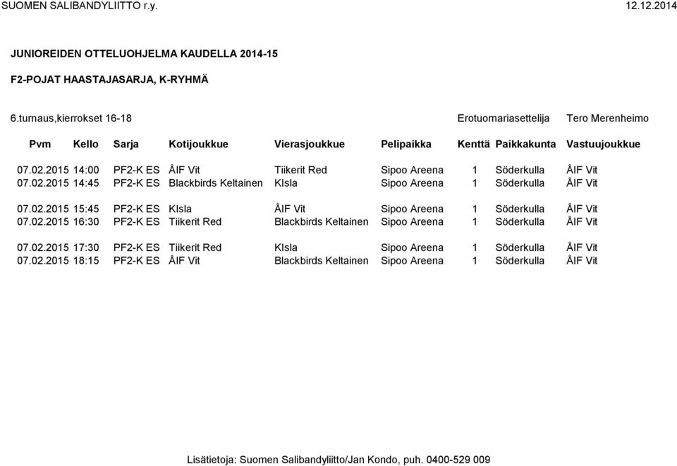 02.2015 17:30 PF2-K ES Tiikerit Red KIsla Sipoo Areena 1 Söderkulla ÅIF Vit 07.02.2015 18:15 PF2-K ES ÅIF Vit Blackbirds Keltainen Sipoo Areena 1 Söderkulla ÅIF Vit