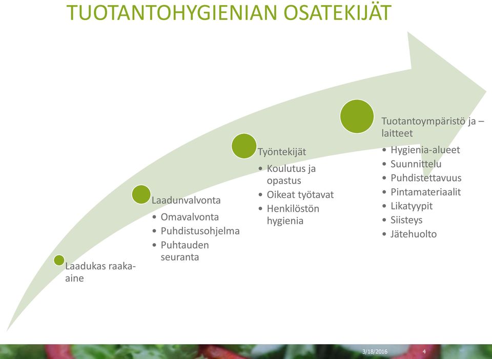 Työntekijät Koulutus ja opastus Oikeat työtavat Henkilöstön hygienia