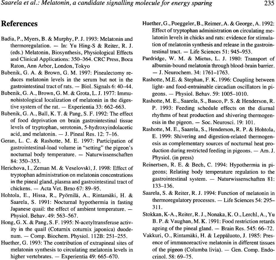 - Biol. Signals 6: 40-44. Bubenik, G. A.,Brown, G. M. & Grota, L. J. 1977 :Immunohistological localization of melatonin in the digestive system ofthe rat. - Experientia 33 : 662-663. Bubenik, G. A., Ball, K.