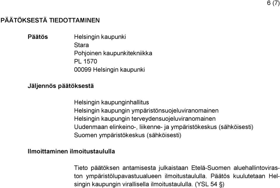 terveydensuojeluviranomainen Uudenmaan elinkeino-, liikenne- ja ympäristökeskus (sähköisesti) Suomen ympäristökeskus (sähköisesti) Tieto päätöksen