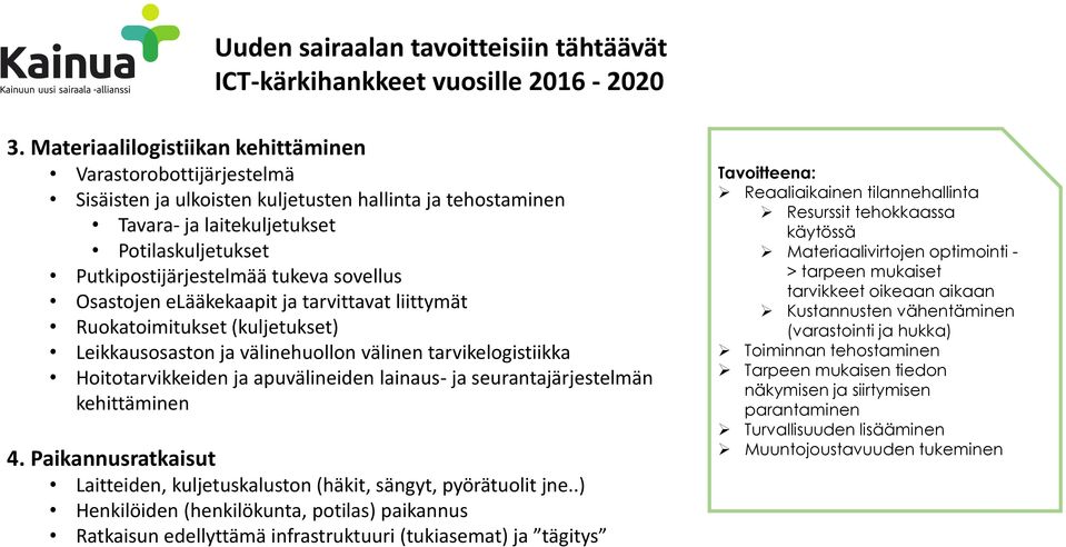 sovellus Osastojen elääkekaapit ja tarvittavat liittymät Ruokatoimitukset (kuljetukset) Leikkausosaston ja välinehuollon välinen tarvikelogistiikka Hoitotarvikkeiden ja apuvälineiden lainaus- ja