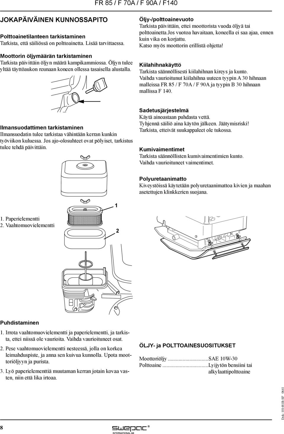 Öljy-/polttoainevuoto Tarkista päivittäin, ettei moottorista vuoda öljyä tai polttoainetta.jos vuotoa havaitaan, koneella ei saa ajaa, ennen kuin vika on korjattu.