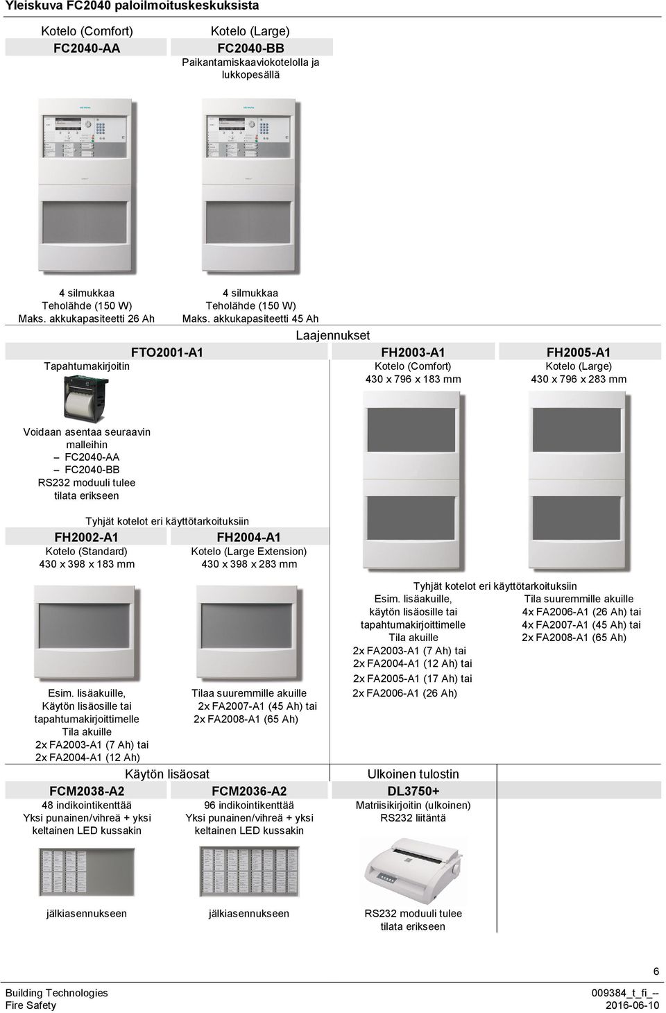 akkukapasiteetti 45 Ah Laajennukset FTO2001-A1 FH2003-A1 FH2005-A1 Tapahtumakirjoitin Kotelo (Comfort) Kotelo (Large) 430 x 796 x 183 mm 430 x 796 x 283 mm Voidaan asentaa seuraavin malleihin