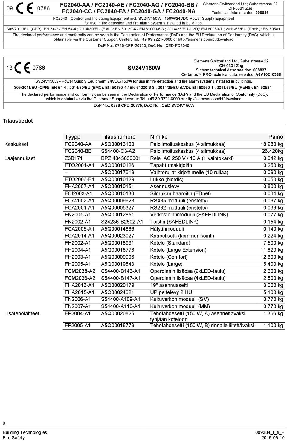 008836 305/2011/EU (CPR): EN 54-2 / EN 54-4 ; 2014/30/EU (EMC): EN 50130-4 / EN 61000-6-3 ; 2014/35/EU (LVD): EN 60950-1 ; 2011/65/EU (RoHS): EN 50581 The declared performance and conformity can be