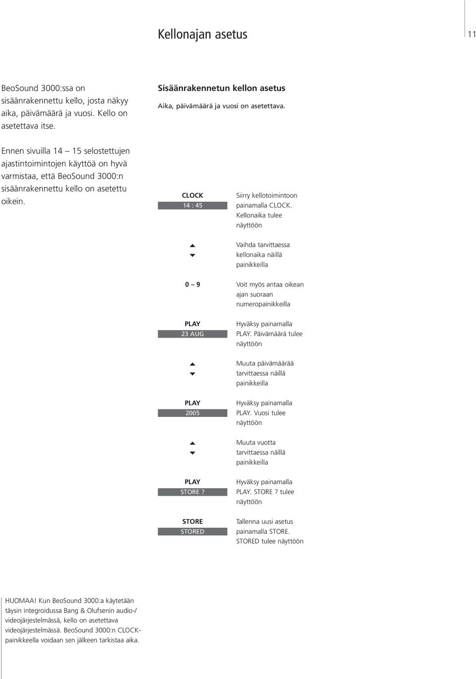 Ennen sivuilla 14 15 selostettujen ajastintoimintojen käyttöä on hyvä varmistaa, että BeoSound 3000:n sisäänrakennettu kello on asetettu oikein. CLOCK 14 : 45 Siirry kellotoimintoon painamalla CLOCK.