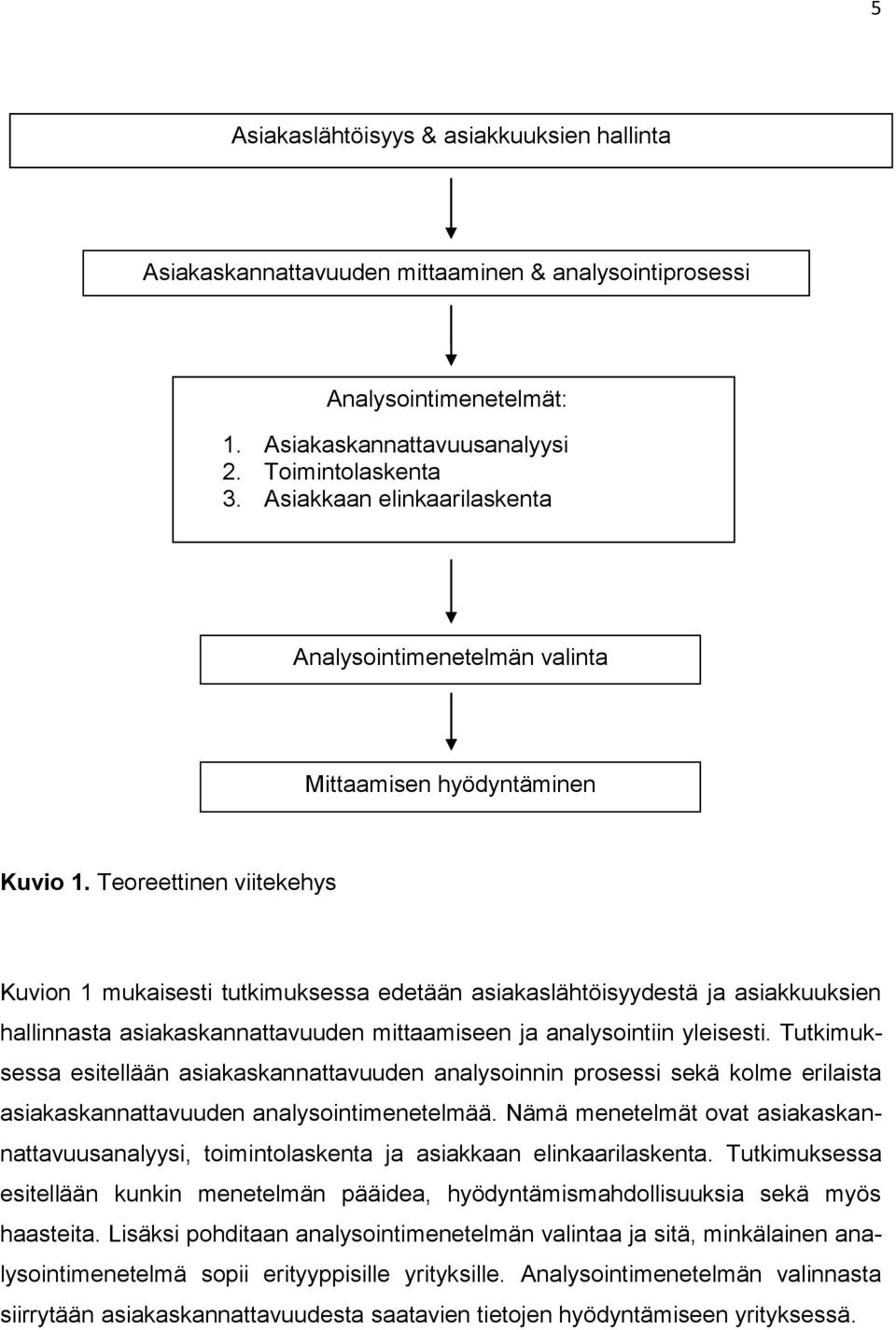 Teoreettinen viitekehys Kuvion 1 mukaisesti tutkimuksessa edetään asiakaslähtöisyydestä ja asiakkuuksien hallinnasta asiakaskannattavuuden mittaamiseen ja analysointiin yleisesti.