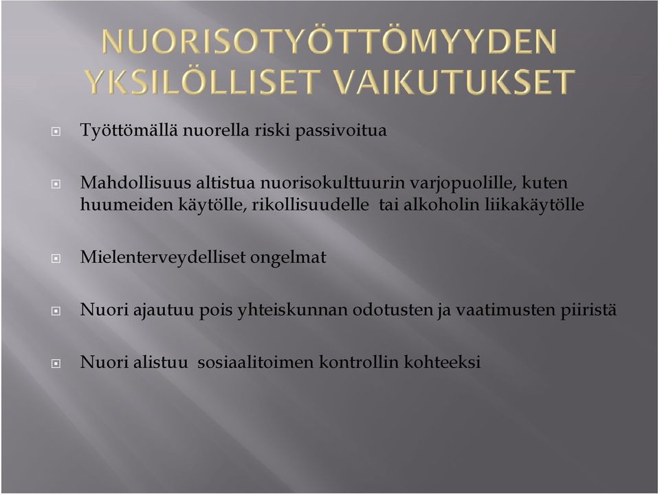 rikollisuudelle tai alkoholin liikakäytölle Mielenterveydelliset ongelmat Nuori