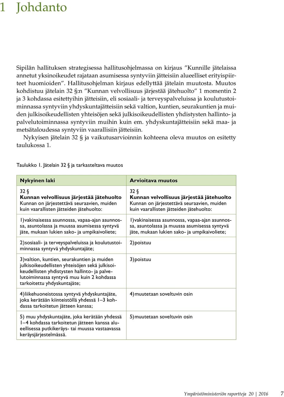 Muutos kohdistuu jätelain 32 :n Kunnan velvollisuus järjestää jätehuolto 1 momentin 2 ja 3 kohdassa esitettyihin jätteisiin, eli sosiaali- ja terveyspalveluissa ja koulutustoiminnassa syntyviin