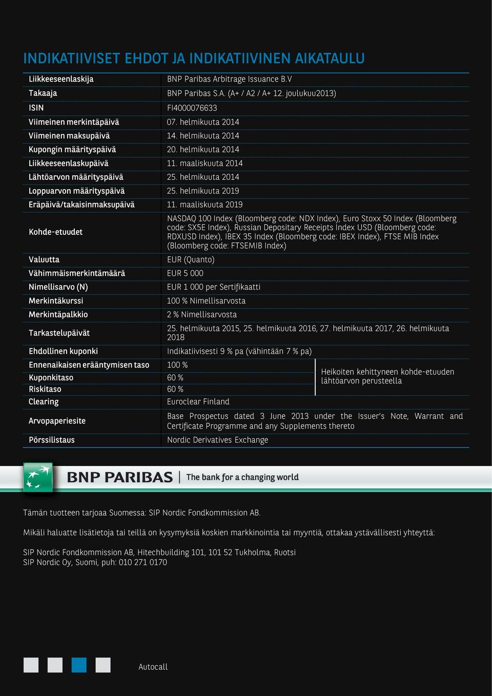 maaliskuuta 2014 Lähtöarvon määrityspäivä 25. helmikuuta 2014 Loppuarvon määrityspäivä 25. helmikuuta 2019 Eräpäivä/takaisinmaksupäivä 11.