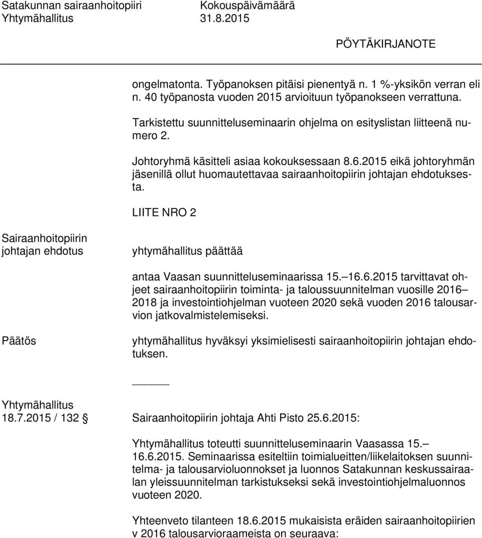 2015 eikä johtoryhmän jäsenillä ollut huomautettavaa sairaanhoitopiirin johtajan ehdotuksesta.