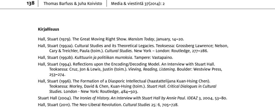 Tampere: Vastapaino. Hall, Stuart (1994). Reflections upon the Encoding/Decoding Model. An Interview with Stuart Hall. Teoksessa: Cruz, Jon & Lewis, Justin (toim.). Vieving, Reading, Listening.