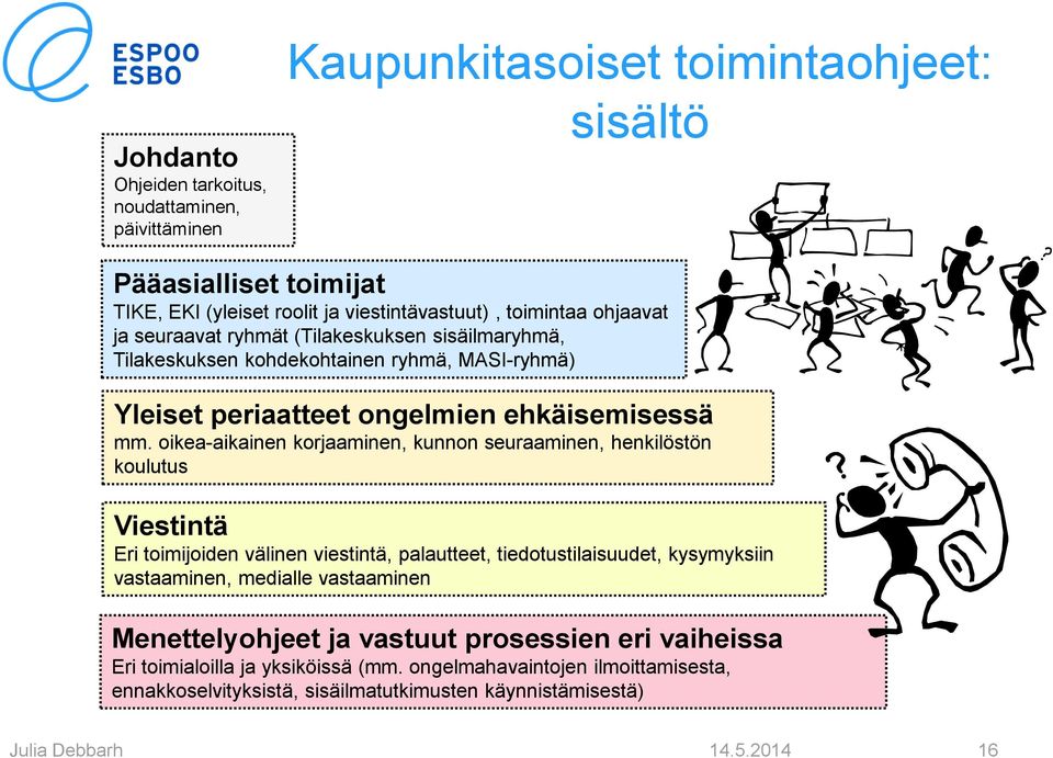 oikea-aikainen korjaaminen, kunnon seuraaminen, henkilöstön koulutus Viestintä Eri toimijoiden välinen viestintä, palautteet, tiedotustilaisuudet, kysymyksiin vastaaminen, medialle