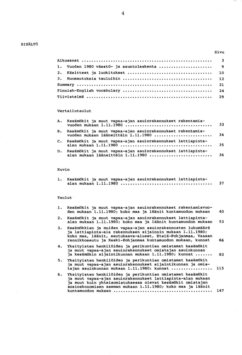 Kesämökit ja muut vapaa-ajan asuinrakennukset lattiapintaalan mukaan 1.11.1980... 35 D. Kesämökit ja muut vapaa-ajan asuinrakennukset lattiapintaalan mukaan lääneittäin 1.11.1980... 36 Kuvio 1.