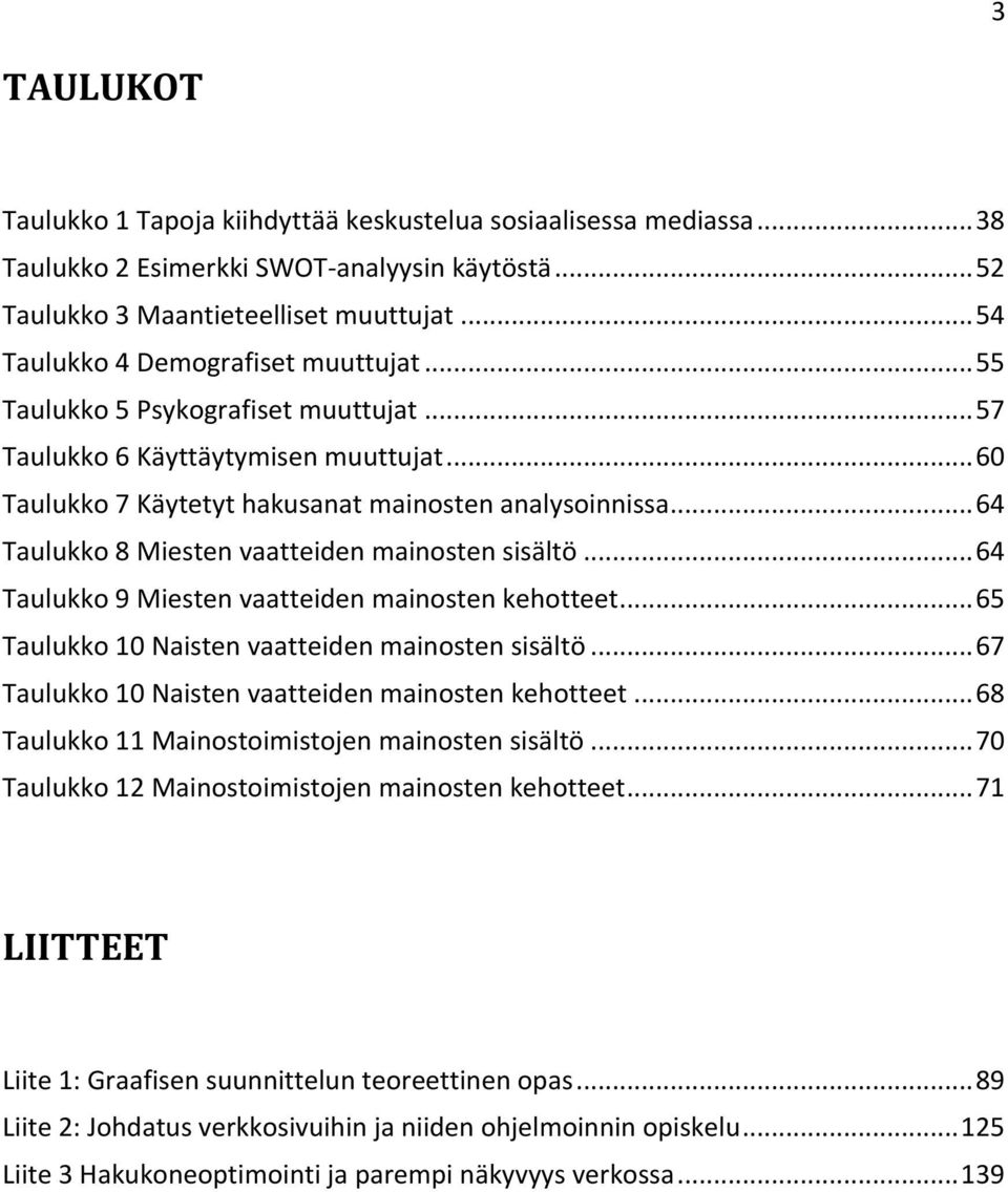 .. 64 Taulukko 8 Miesten vaatteiden mainosten sisältö... 64 Taulukko 9 Miesten vaatteiden mainosten kehotteet... 65 Taulukko 10 Naisten vaatteiden mainosten sisältö.