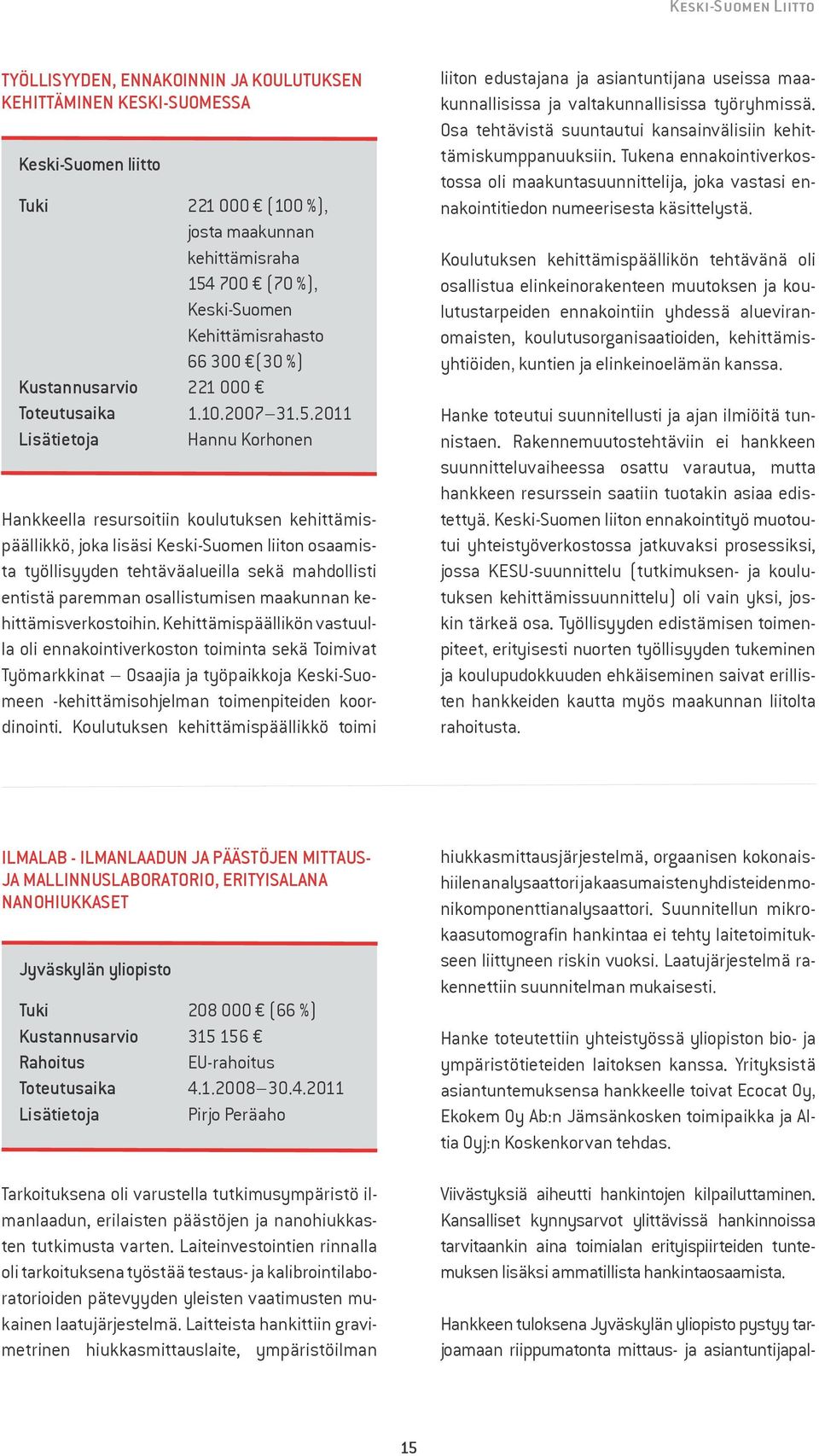 2011 Hannu Korhonen Hankkeella resursoitiin koulutuksen kehittämispäällikkö, joka lisäsi liiton osaamista työllisyyden tehtäväalueilla sekä mahdollisti entistä paremman osallistumisen maakunnan